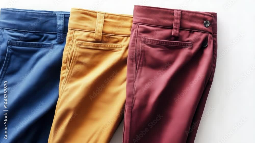 Poster pairs of colorful pants arranged neatly on a white surface