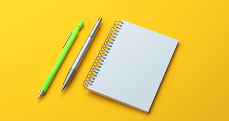 Spiral Notebook with Pens on Yellow Background . 3D Render empty space