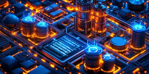 Schematic illustration of an industrial factory of the future with storage tanks and linked infrastructure