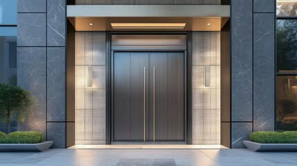 Modern building entrance with closed door, exterior view, evening lights for real estate