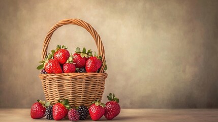  A basket brimming with juicy strawberries sits atop a wood table near the wall