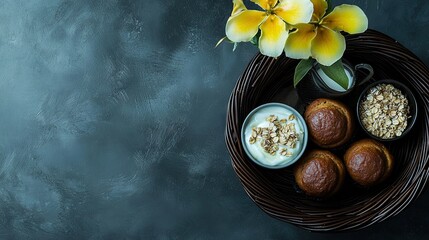   A wicker basket brimming with delectable pastries sits beside a ceramic yogurt bowl and a vibrant floral arrangement on the wooden table