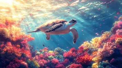 Sea turtle swims amidst vibrant coral reef.