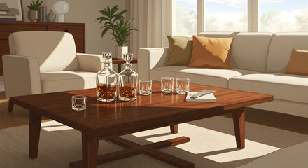 A modern living room setup with a centerpiece table adorned with glassware and minimalist decor, surrounded by neutral-toned furniture. Vector Illustration