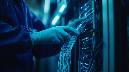 Technician Managing Network Cables in Data Center