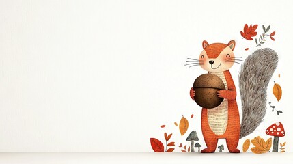   Squirrel with Acorn - Autumn scenery featuring leaves and mushrooms