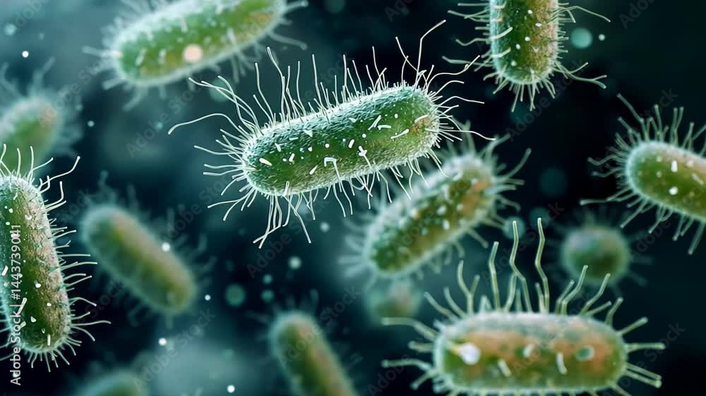 Poster exploring the microscopic world of bacteria swirling in vibrant motions and displaying intricate for