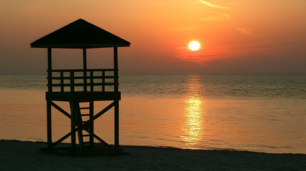 Sunset beach lifeguard tower silhouette ocean calm peaceful tranquility vacation