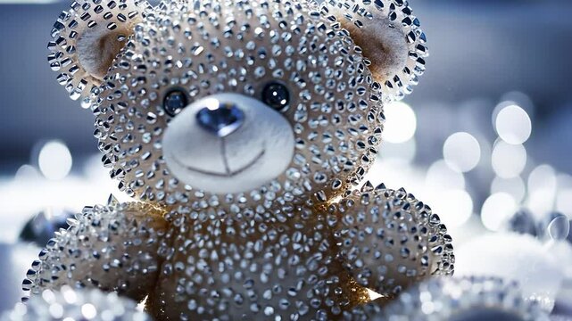 A teddy bear adorned with numerous shiny crystals sits with a white background. The bear's fur reflects the light, creating a pattern of sparkle and shine.