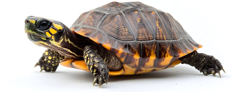 Isolated yellow and brown turtle on bright white background