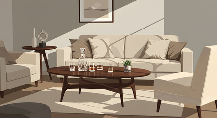 A modern living room setup with a centerpiece table adorned with glassware and minimalist decor, surrounded by neutral-toned furniture. Vector Illustration