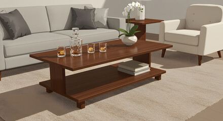 A modern living room setup with a centerpiece table adorned with glassware and minimalist decor, surrounded by neutral-toned furniture. Vector Illustration