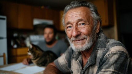 Elderly Man Smiling with Grey Hair and Beard Sitting at Kitchen Table, Blurred Man and Cat in Background