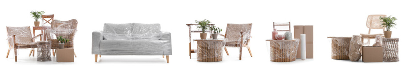 Set of furniture wrapped in stretch film and moving boxes on white background