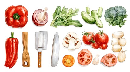 A vibrant collection of watercolor illustrations showcases fresh vegetables, herbs, and kitchen utensils perfect for culinary designs and recipes.