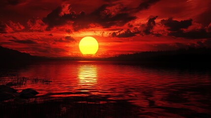 Fiery red sunset over calm lake dramatic sky landscape art view dark water color scene image photo