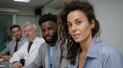 Fototapeta premium Diverse Group of Medical and Business Professionals Sitting at Conference Table in Modern Office