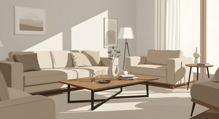 A modern living room setup with a centerpiece table adorned with glassware and minimalist decor, surrounded by neutral-toned furniture. Vector Illustration