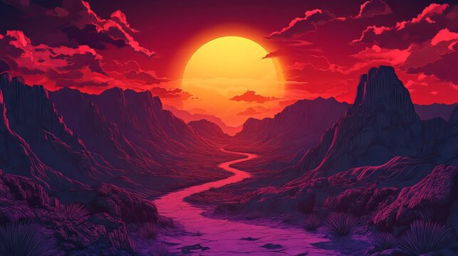 Vibrant sunset landscape dramatic mountains river valley scene red sky art view calm wild west rocks - Powered by Adobe