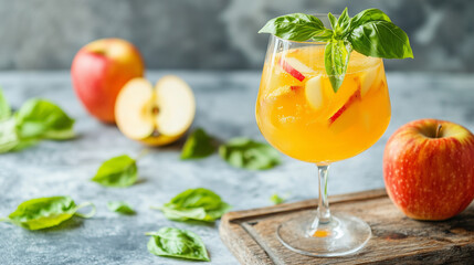 Apple basil mocktail with ice cubes in wine glass on rustic table