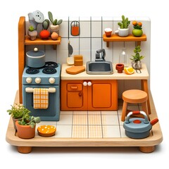 A charming miniature kitchen ama showcases a retro-style design with vibrant orange cabinets, teal appliances, and potted succulents adding a