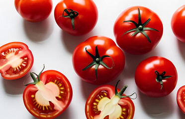 tomato on a white background, whole, half, top view, scattered