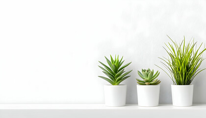 Three potted succulents on white shelf against white wall; minimalist home decor, blog, website