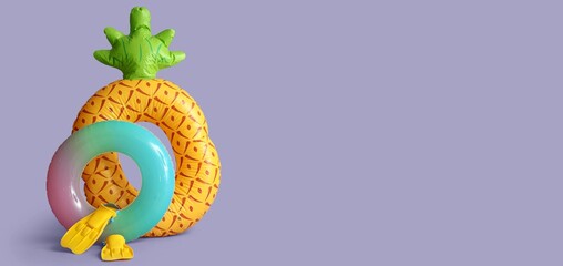 Inflatable rings and flippers on lilac background with space for text © Pixel-Shot