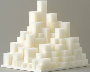 Abstract white cube cityscape model; geometric architecture; studio shot; background is plain gray;  useful for design or tech concepts