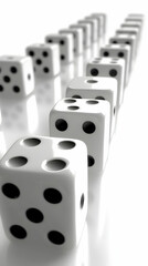 White dice line on reflective surface; chance, luck, gambling concept; game background