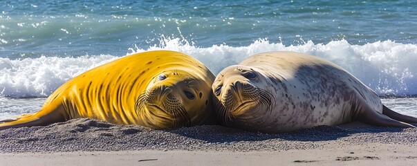 Two elephant seals resting peacefully on a sandy beach
