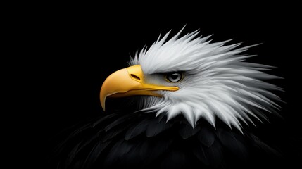   Close-up image of an eagle's head on a dark background, featuring a white and yellow beak