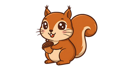 Fototapeta premium Adorable cartoon squirrel holding an acorn with big eyes and fluffy tail on white background