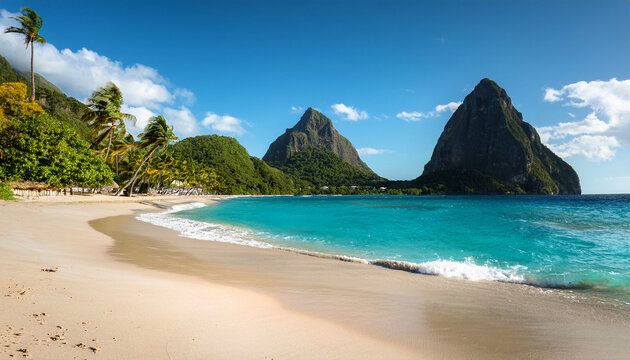 turquoise water lapping sandy beach in saint lucia with majestic pitons in background