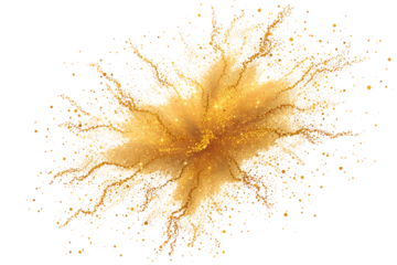 Gold powder explosion isolated on white or transparent background