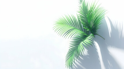 Obraz premium Tropical palm leaves cast shadows on a white wall, bright sunlight, minimalist design, perfect for summer backgrounds
