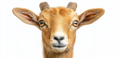 Fototapeta premium The image features a close-up shot of a majestic mouflon ram set against a bright white background, emphasizing its impressive horns