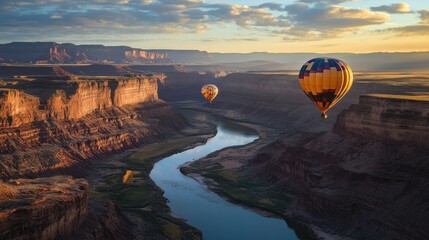 Fototapeta premium Aerial view of hot air balloons over a canyon river