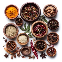 A vibrant collection of assorted spices and herbs in small wooden bowls arranged on a white background for culinary use.