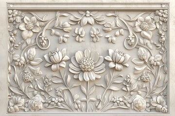 Ornate floral bas-relief carving in light gray stone.