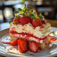 Strawberry shortcake slice on white plate, ready to eat.
