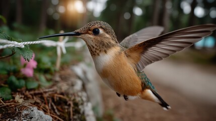 Fototapeta premium Close-up of a Hummingbird Hovering Near a Flower with a Forest Background During Sunset