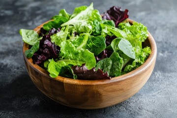 Salad greens in a wooden bowl. AI generated illustration.
