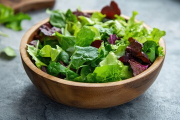 Salad greens in a wooden bowl. AI generated illustration.