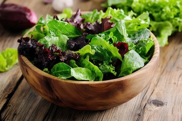 Salad greens in a wooden bowl. AI generated illustration.