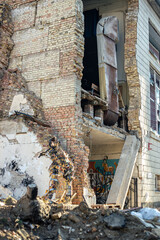 War in Ukraine. Stop the war. Ruins of a house where a rocket hit. Ruins.