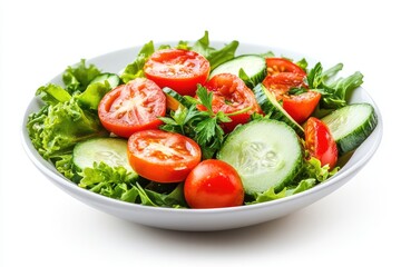 Salad with tomatoes and cucumbers, white background. AI generated illustration.