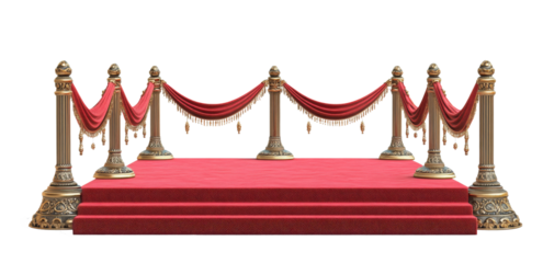 Elegant red carpet entrance with golden stanchions and velvet rope on a black backdrop