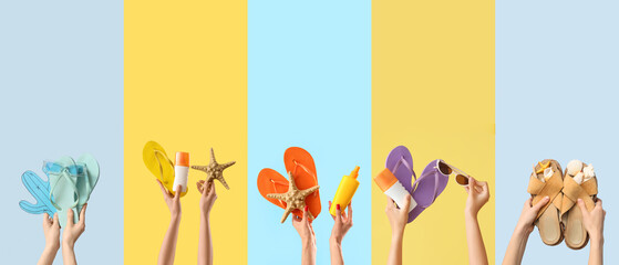 Collage of hands holding flip-flops on blue and yellow backgrounds