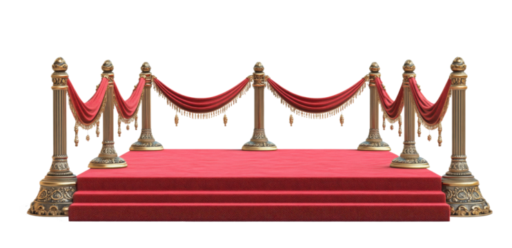 Elegant red carpet entrance with golden stanchions and velvet rope on a black backdrop